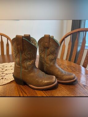 Kids Brown Western Cowboy Boots with Turquoise Stitching